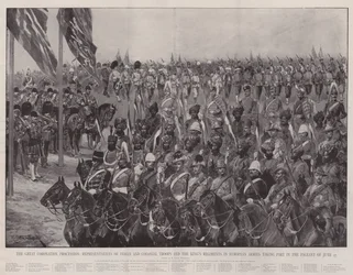 La gran procesión de coronación, representantes de tropas indias y coloniales y los regimientos del rey en ejércitos europeos participando en el desfile del 27 de junio
